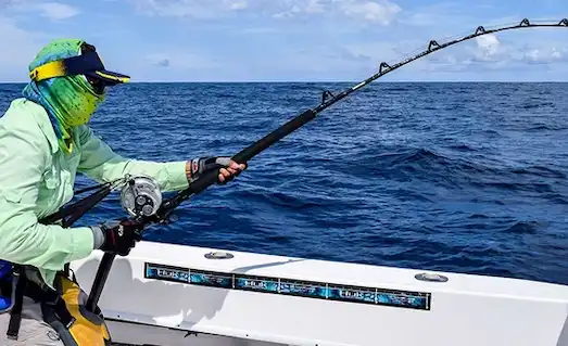 Big Game ve Sırtı Avı: Ekipman Seçim Kılavuzu 5 Açık denizde bir balıkçı, tekneye sabitlenmiş trolling kamış ile büyük bir pelajik balıkla mücadele ediyor.