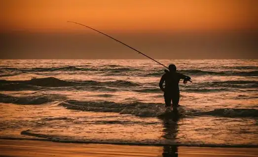 Levrek Nasıl Avlanır? Gün doğumunda levrek avı için oltasıyla suya giren balıkçı deniz içinde görsel.