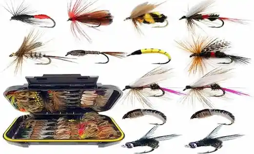 Fly fishing için kullanılan renkli yapay sinek yemler kutusu