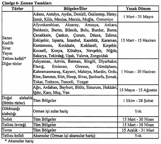 Amatör balıkçılık kuralları kapsamında İç su balıkları av yasağı dönemleri tablosu (Çizelge 6)
