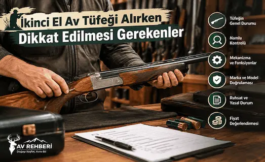 İkinci el av tüfeği alırken kontrol edilmesi gereken genel durum, namlu, mekanizma, marka-model, ruhsat ve fiyat bilgilerini gösteren görsel.